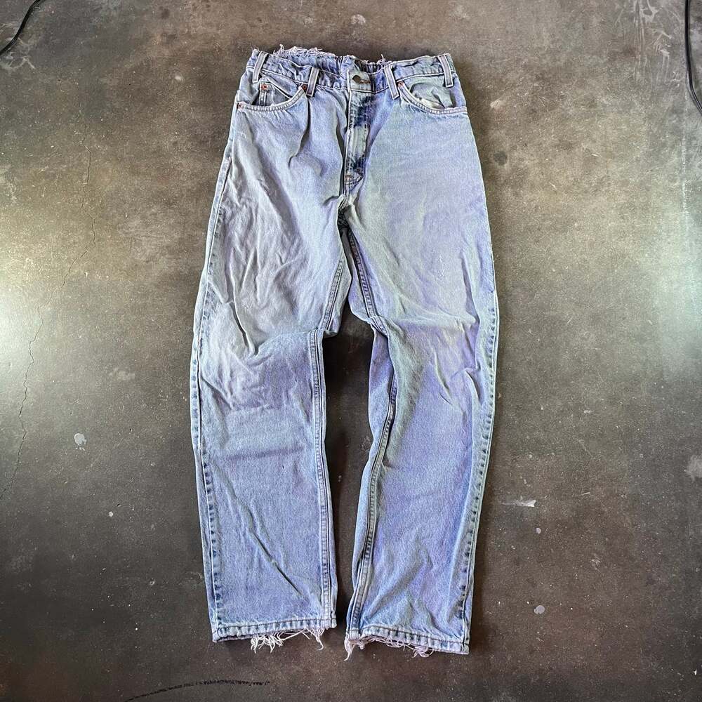 Vintage 80s orange tab levis 505 blue faded and distressed jeans mens 36x32